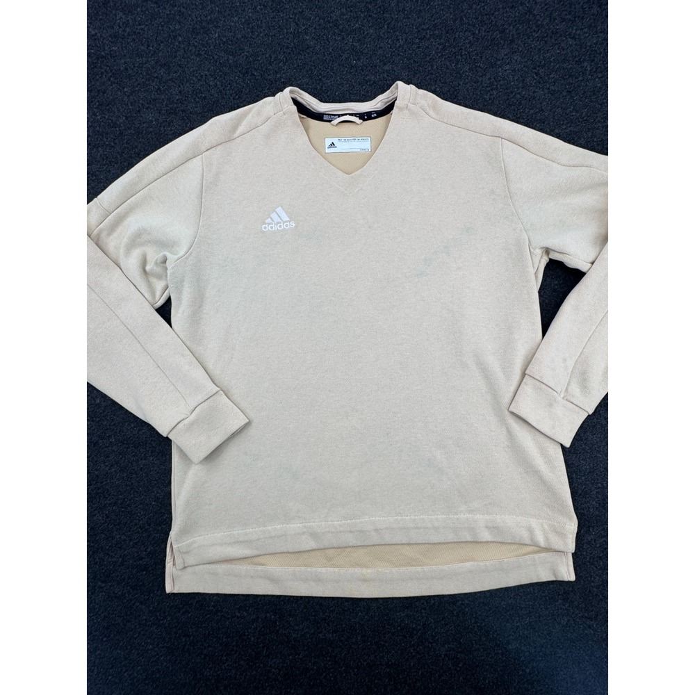 Adidas Sweatshirt Mens XL Beige Logo Mesh Lined V Neck Side Slit High Low Hem